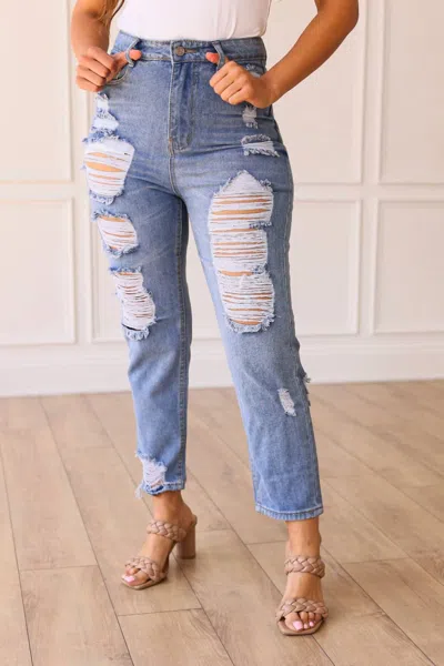 Southern Grace The Savannah Mid Rise Straight Fit Distressed Denim In Medium Wash In Blue