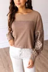 Southern Grace Waffle Knit Top With Mesh And Sequin Details In Beige