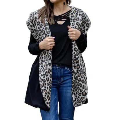 Southern Grace Warm & Together Vest Cardigan Hoodie In Black With Leopard