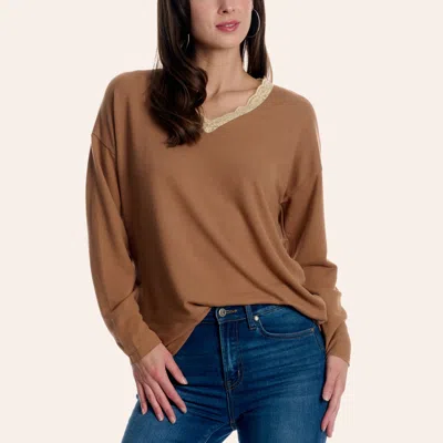 Southern Grace Women's Brown Lace Trim V-neck Long Sleeve Top