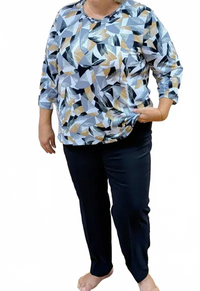 Southern Lady 3/4 Sleeve Blouse With Neckline Accents In Neutral In Blue