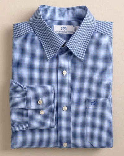 Southern Tide Charleston Parkwood Micro-gingham Embroidered Sport Shirt In Cobalt Blue