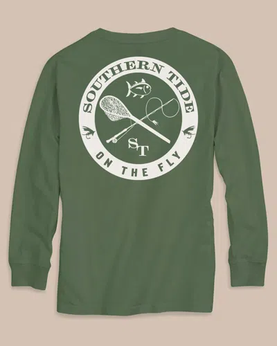 Southern Tide Kids Fly Fishing Badge Long Sleeve T-shirt In Green