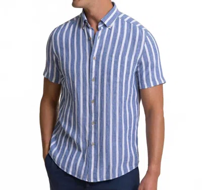 Southern Tide Seamark Stripe Linen Rayon Short Sleeve Sport Shirt In Nautical Blue In Multi