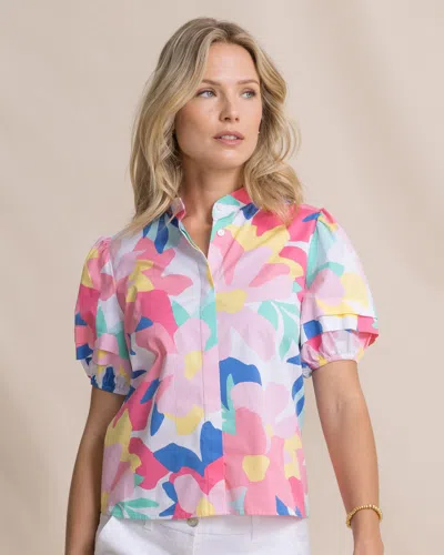 Southern Tide Payge Floral Print Poplin Top In Classic White