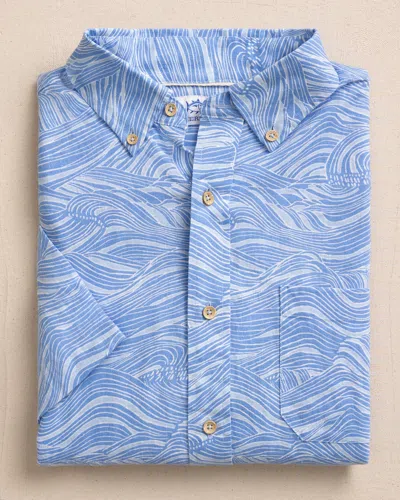 Southern Tide Rolling Waves Linen Rayon Short Sleeve Sport Shirt In Cerulean