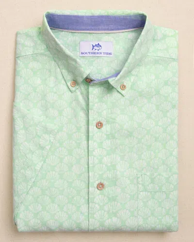 Southern Tide Seashell Cove Linen Rayon Short Sleeve Sport Shirt In Green Ash