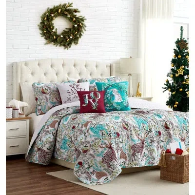Southshore Fine Linens Christmas Woodland Gray/mint/plum Microfiber Reversible Quilt Set In Multi