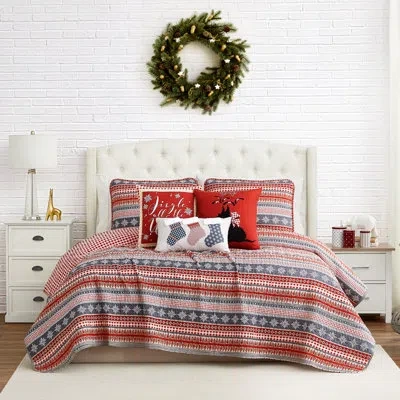 Southshore Fine Linens Cozy Cottage Red/white/gray Microfiber Reversible Quilt Set In Multi