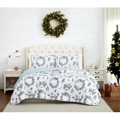 Southshore Fine Linens Happy Holidays White/green Microfiber Reversible Quilt Set In Multi