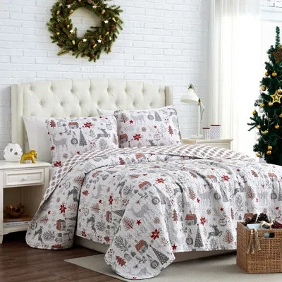 Southshore Fine Linens Holly Jolly Gray/red Microfiber Reversible Quilt Set In Multi