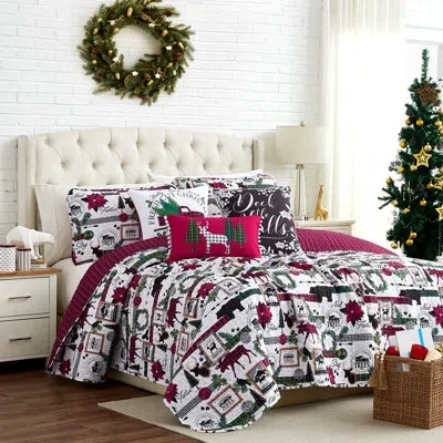 Southshore Fine Linens Merry Town Red/white Microfiber Reversible Quilt Set In Multi