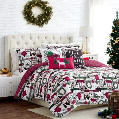 Southshore Fine Linens Merry Town White/green/red Microfiber Reversible Comforter Set In Multi