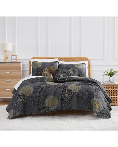 Southshore Fine Linens Midnight Floral Quilt Bedding Set In Black
