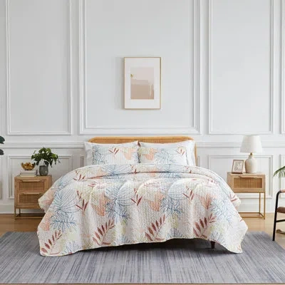 Southshore Fine Linens Tropic Leaf Collection Beige/blue/brown Microfiber Reversible Quilt Set In Multi