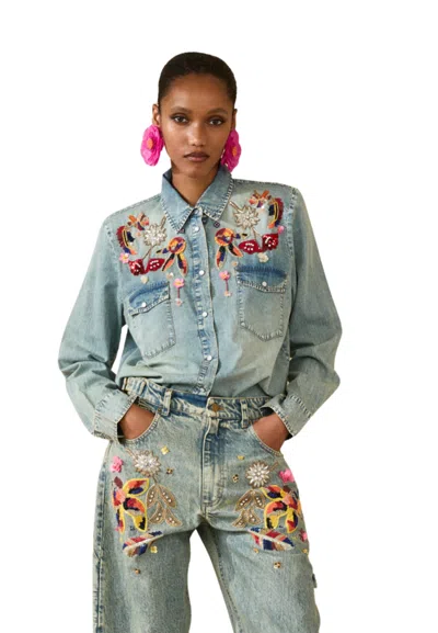 Souvenir Denim Shirt Woman  With Print In Sky Blue