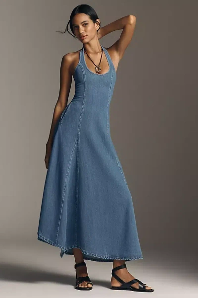 Sovere / Elodie Halter-neck Denim Maxi Dress In Blue