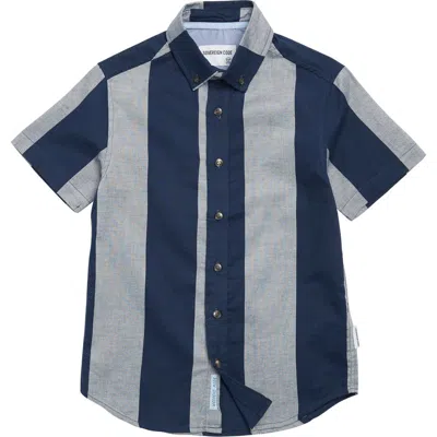 Sovereign Code Big Stripe Cotton Short Sleeve Button-up Shirt In Awning/navy