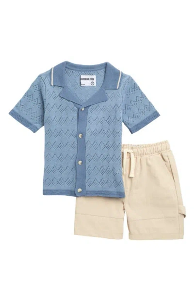 Sovereign Code Kids' Slogan Pilot Cotton Pointellé Button-up Knit Shirt & Shorts In Blue