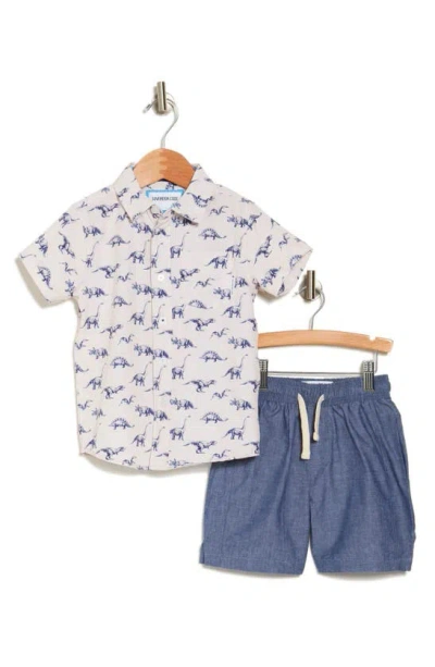 Sovereign Code Kids' Woven Shirt & Pull-on Shorts Set In Oyster Grey/ Dino Farm/ Navy