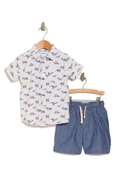 Sovereign Code Kids' Woven Shirt & Pull-on Shorts Set In Oyster Grey/dino Farm/navy