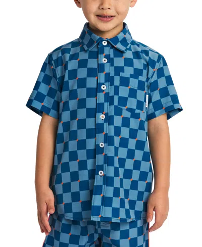 Sovereign Code Kids' Big Boys Stretchy Checker-print Button-down Shirt In Dark Blue,checkers