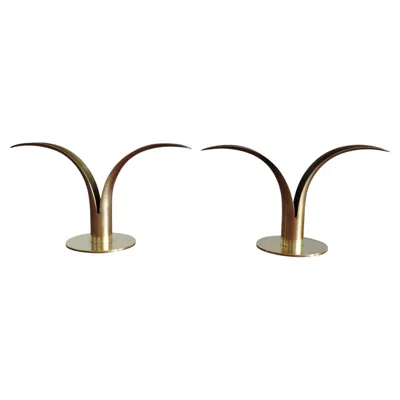 Pre-owned Sowe Konst Pair Of Scandinavian Modern Brass Lily Liljan Konst Candle Holders In Brown