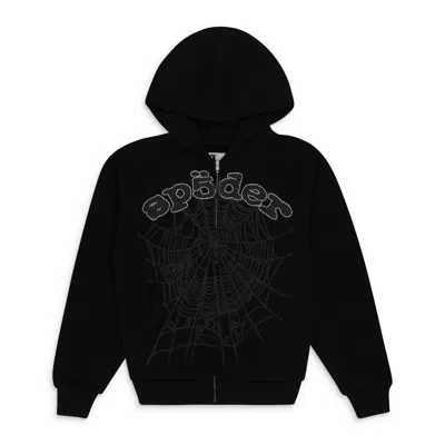 SP5DER BLACK OG WEB V2 RHINESTONE ZIP UP HOODIE
