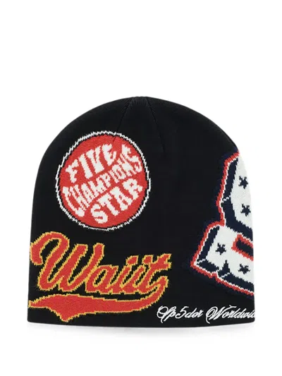 Sp5der District V Graphic-intarsia Beanie Hat In Black