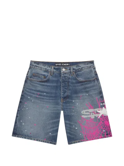 Sp5der Heavy Web Denim Shorts In Blue