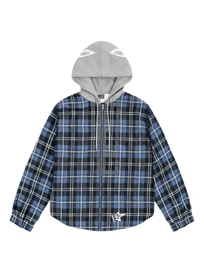 Sp5der Hooded Zip Flannel Hoodie In Blue