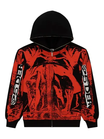 Sp5der Jp5 Moto Zipped Hoodie In Red