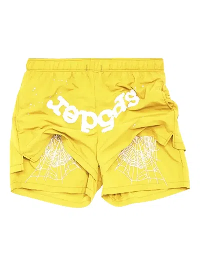 Sp5der Logo-print Spider-web Track Shorts In Yellow