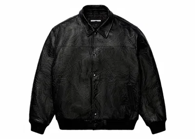 Pre-owned Sp5der Men's  Debossed Web Leather Jacket In Black