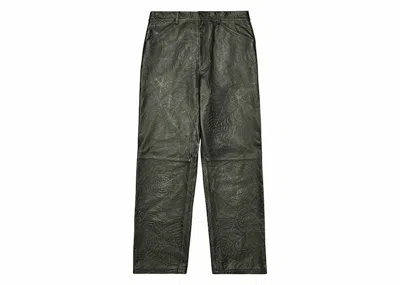 Pre-owned Sp5der Men's  Debossed Web Leather Pant In Black