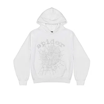 Pre-owned Sp5der Men's  Og Rhinestone Logo Hoodie In White