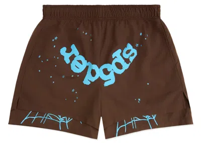 Pre-owned Sp5der Men's  Og Web Double Layer Short In Brown