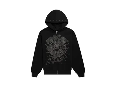 Pre-owned Sp5der Men's  Og Web Studded Zip Hoodie In Black