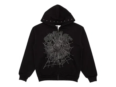 Pre-owned Sp5der Men's  Og Web Studded Zip Hoodie In Black