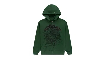 Pre-owned Sp5der Men's  Og Web Studded Zip Hoodie In Green