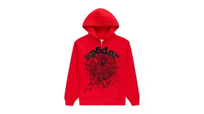 Pre-owned Sp5der Men's  Og Web Studded Zip Hoodie In Red