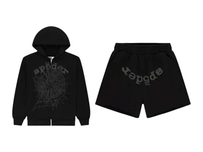 Pre-owned Sp5der Men's  Og Web V2 Phantom Hoodie & Short Set In Black