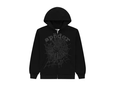 Pre-owned Sp5der Men's  Og Web V2 Rhinestone Zip Up In Black