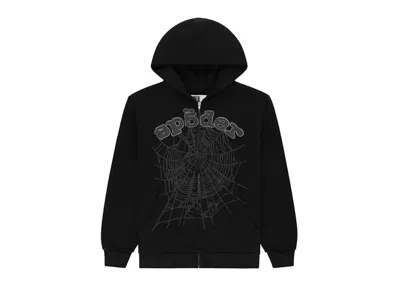 Pre-owned Sp5der Men's  Og Web V2 Rhinestone Zip Up In Black