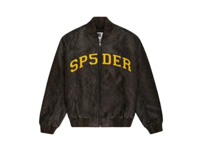 Pre-owned Sp5der Men's  Snake Leather Varsity Bomber Jacket In Brown