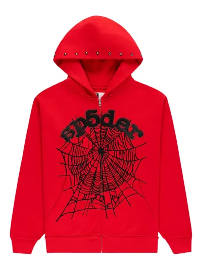Sp5der Og Web Studded Zip Hoodie In Red