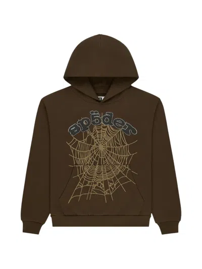 Sp5der Rhinestone Logo Hoodie In Brown