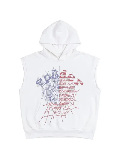 Sp5der Rhinestone Og Web Sleeveless Hoodie In White