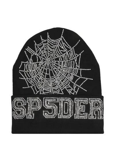 Sp5der Rhinestone Spiderweb Beanie In Black