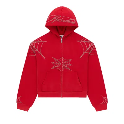 Pre-owned Sp5der Rhinestone Web Zip Hoodie 'red' | Men's Size Xxl